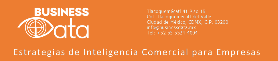 Tlacoquem�catl 41 Piso 1B
Col. Tlacoquem�catl del Valle
Ciudad de M�xico, CDMX, C.P. 03200
info@businessdata.mx
Tel: +52 55 5524-4004
,Estrategias de Inteligencia Comercial para Empresas